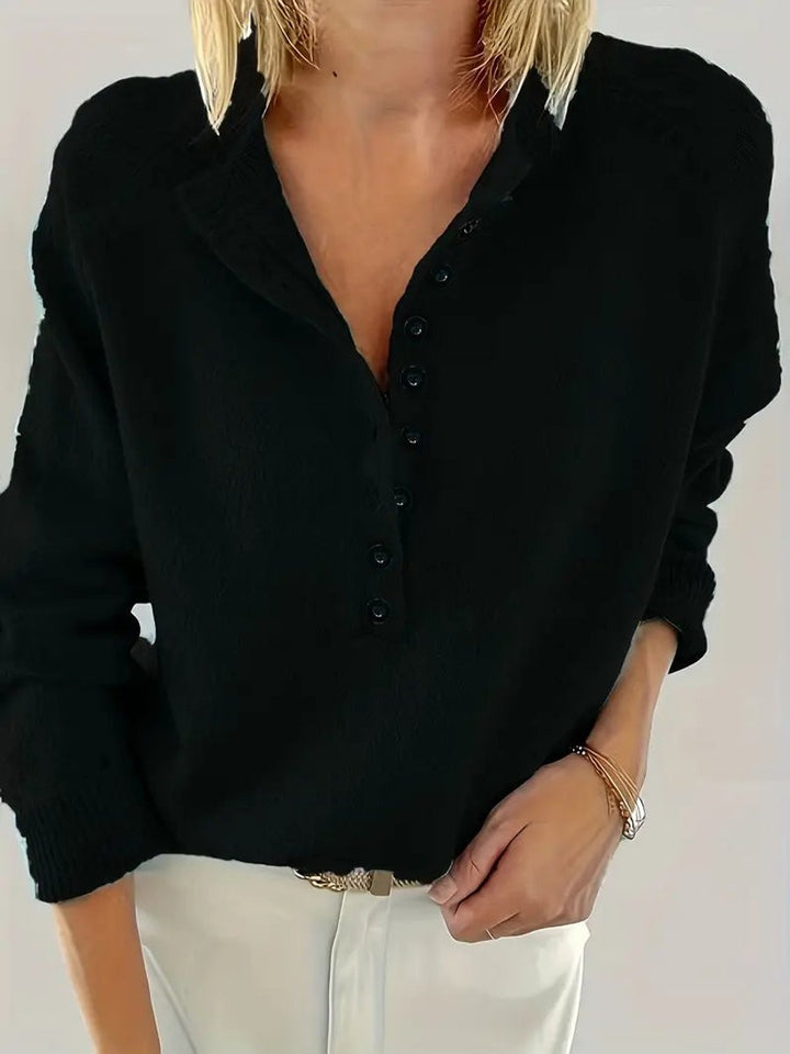 Women's Half-Button V-Neck Long Sleeve Knit Sweater - Black