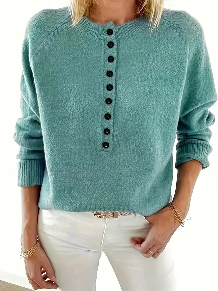 Women's Half-Button V-Neck Long Sleeve Knit Sweater