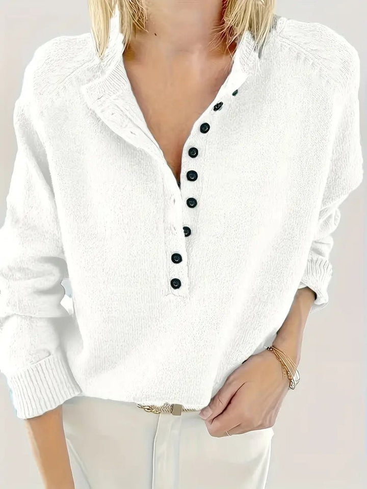 Women's Half-Button V-Neck Long Sleeve Knit Sweater - White