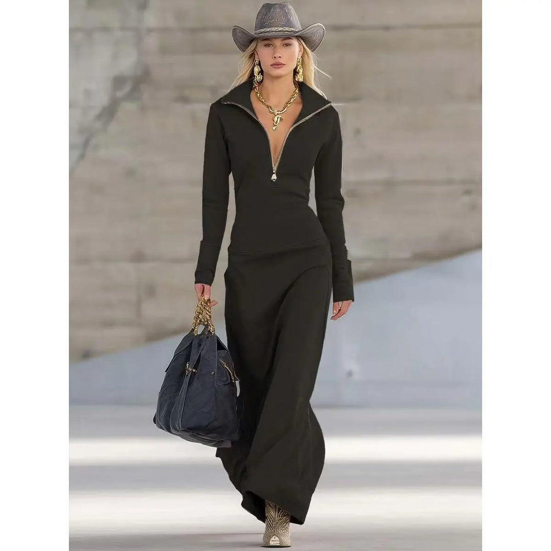 Women's Half-Zip Maxi Long Sleeve Dress Relaxed Fit - Black
