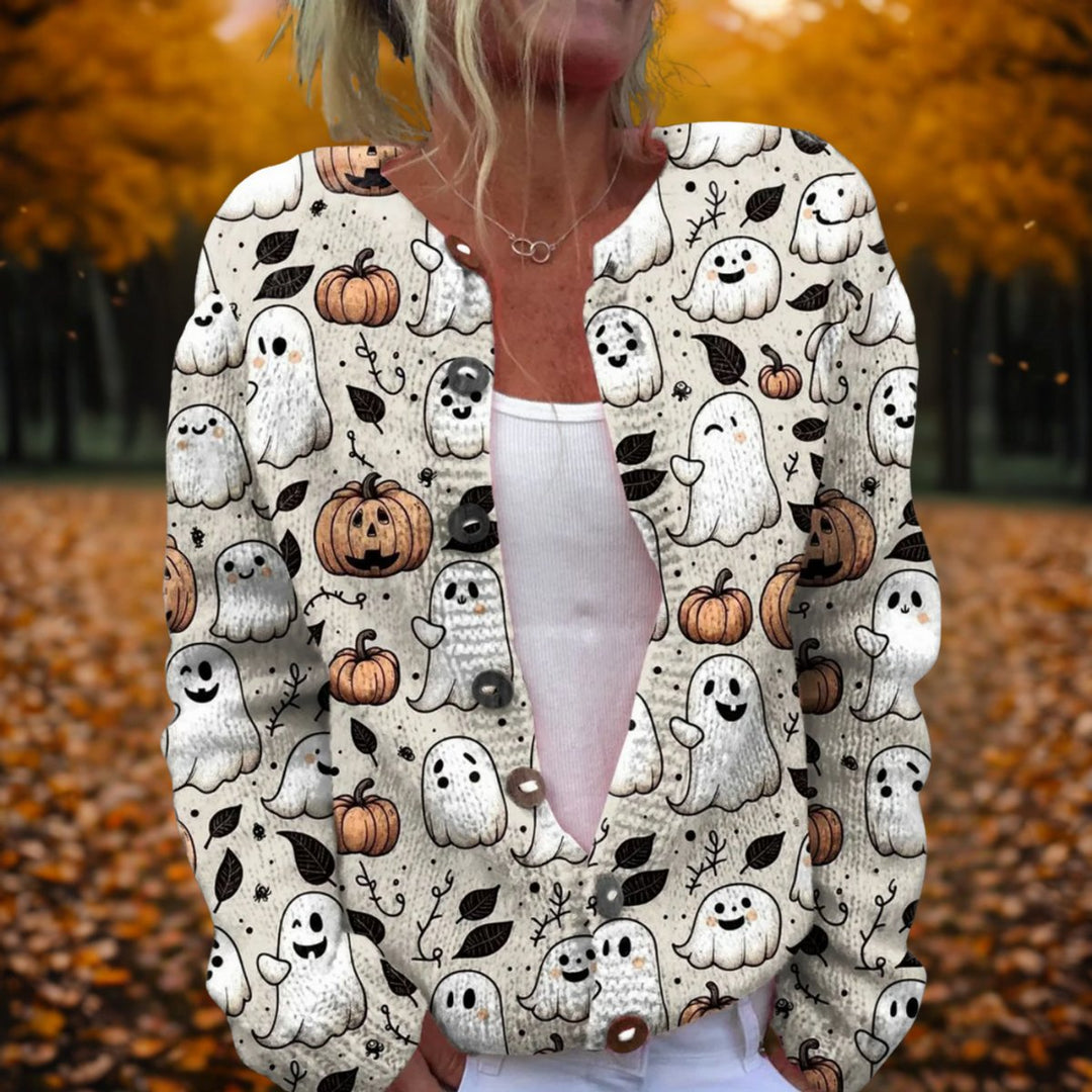 Women's Halloween Ghost Pumpkin Print Open-Front Knit Cardigan - Multicolor