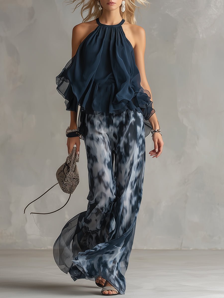Women's Halter Neck Ruffle Blouse Wide-Leg Two-Piece Set - Navy Blue