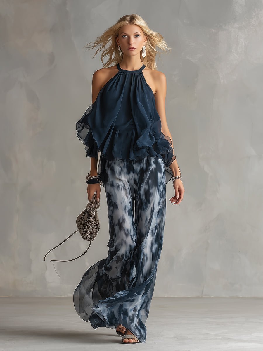 Women's Halter Neck Ruffle Blouse Wide-Leg Two-Piece Set