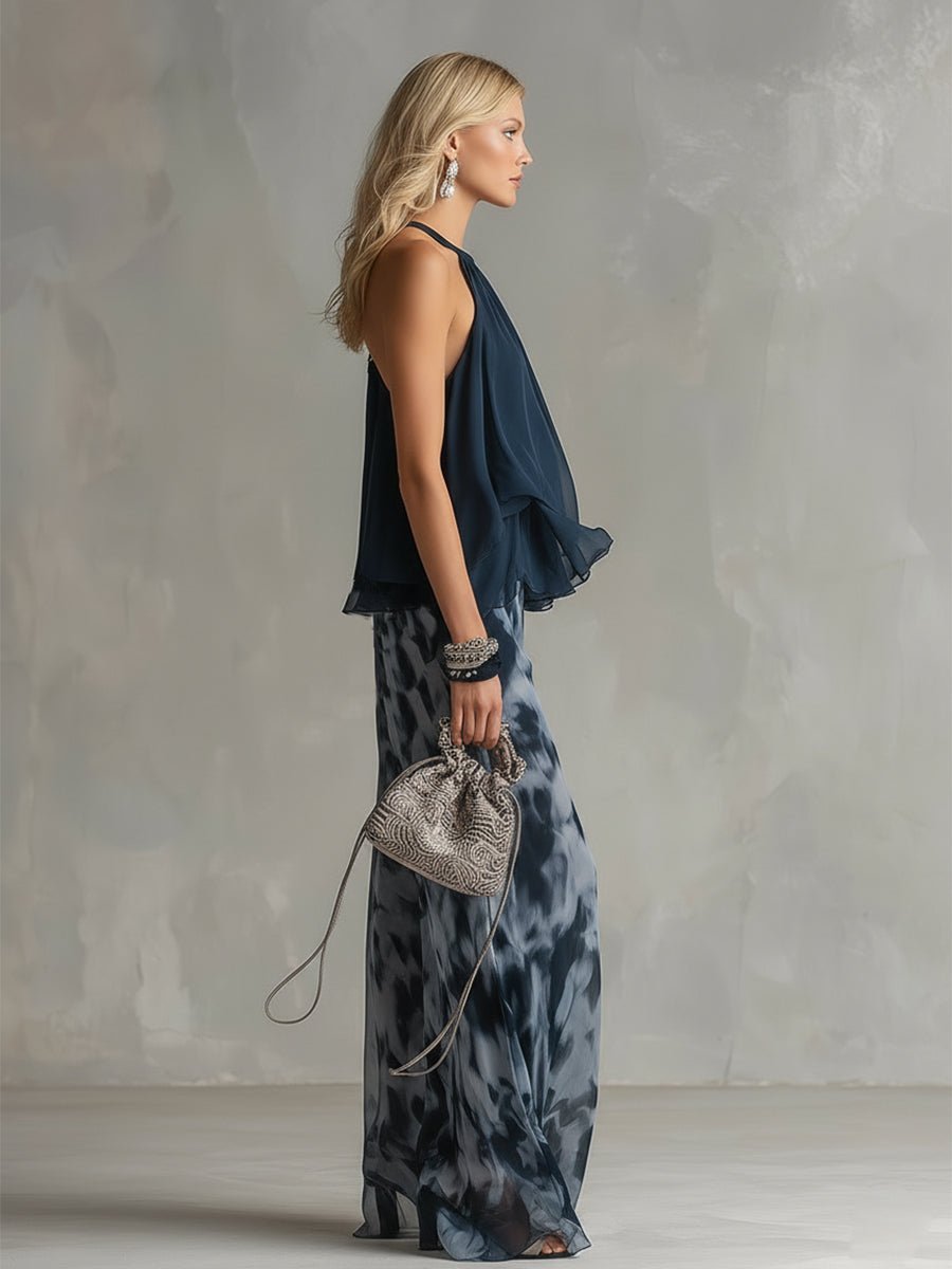 Women's Halter Neck Ruffle Blouse Wide-Leg Two-Piece Set