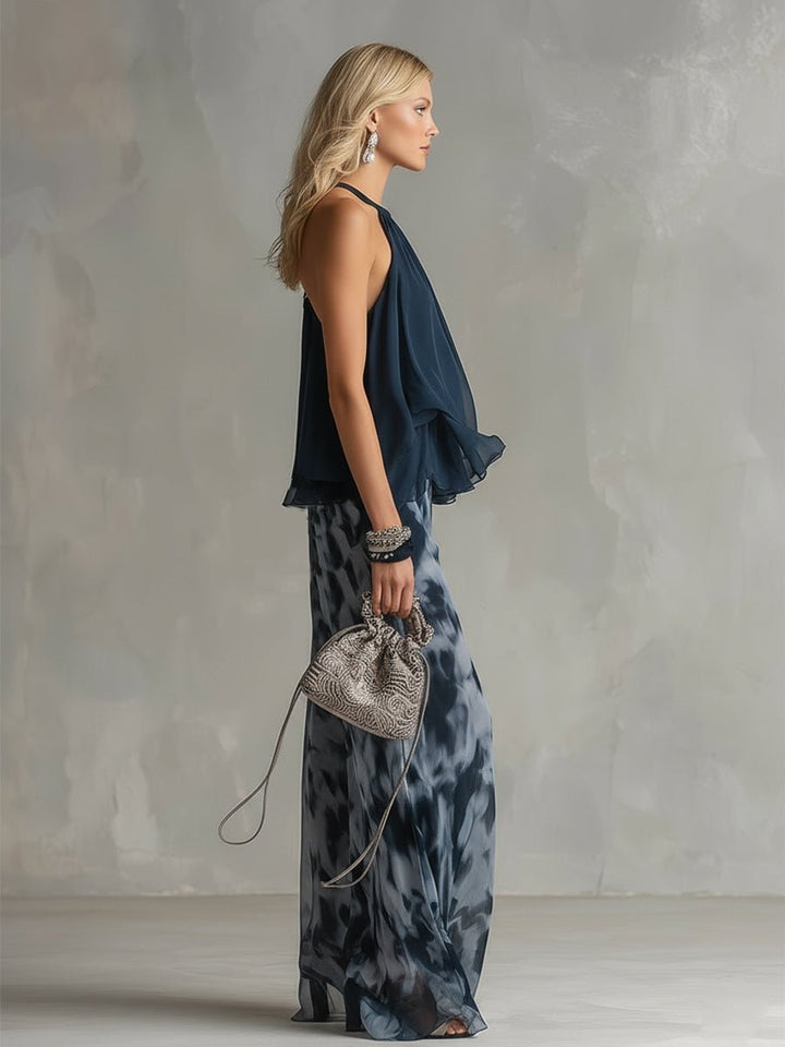Women's Halter Neck Ruffle Blouse Wide-Leg Two-Piece Set