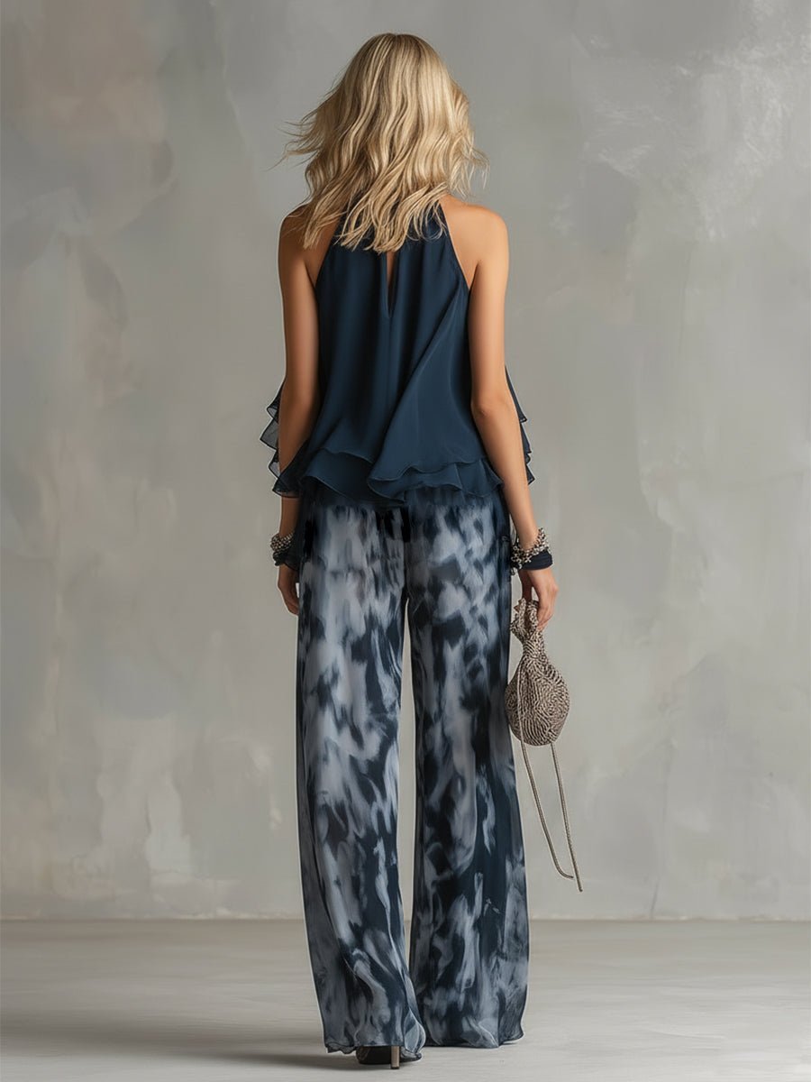 Women's Halter Neck Ruffle Blouse Wide-Leg Two-Piece Set