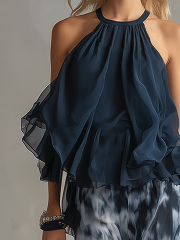 Women's Halter Neck Ruffle Blouse Wide-Leg Two-Piece Set