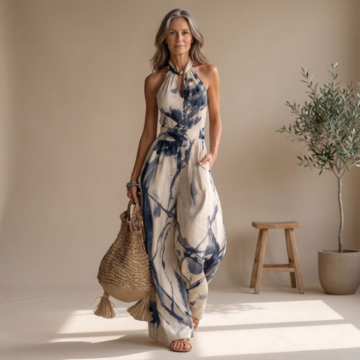 Women's Halter Wide-Leg Ink Wash Print Jumpsuit