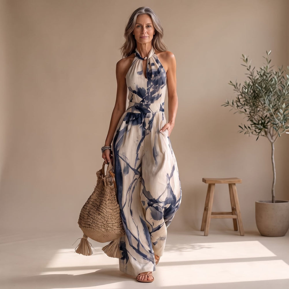 Women's Halter Wide-Leg Ink Wash Print Jumpsuit
