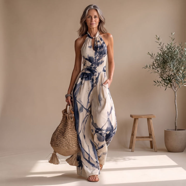 Women's Halter Wide-Leg Ink Wash Print Jumpsuit