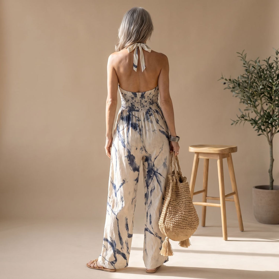Women's Halter Wide-Leg Ink Wash Print Jumpsuit