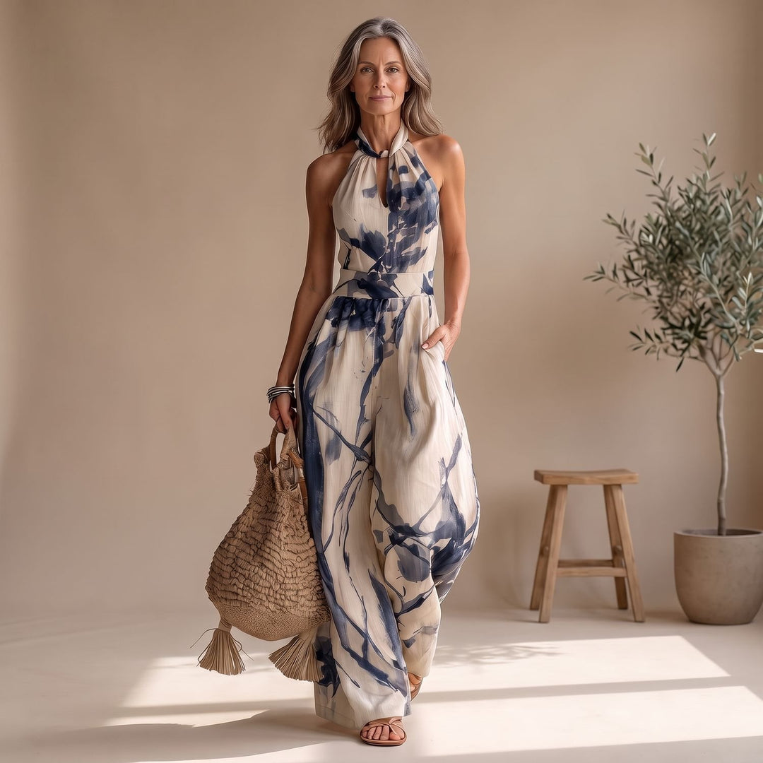 Women's Halter Wide-Leg Ink Wash Print Jumpsuit