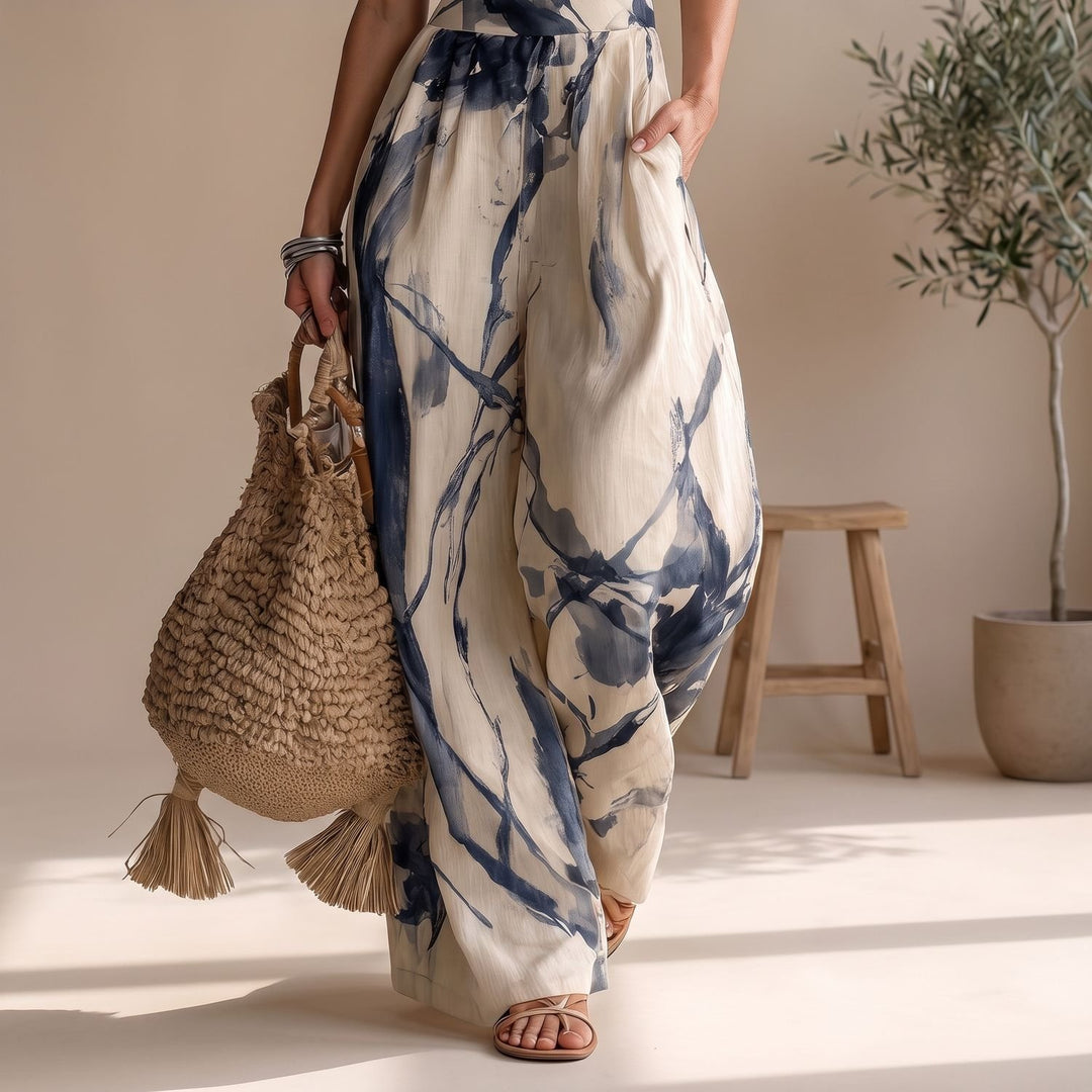 Women's Halter Wide-Leg Ink Wash Print Jumpsuit
