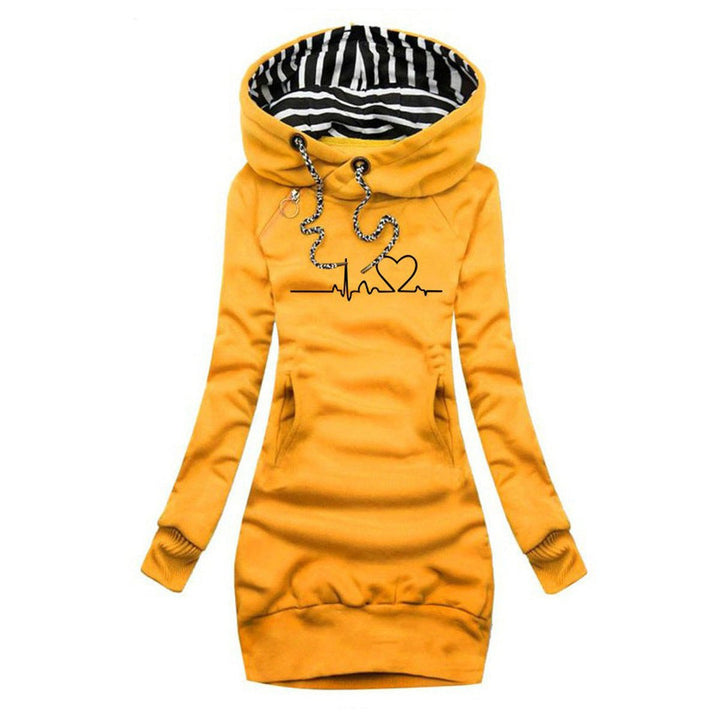 Women's Heartbeat Print Hooded Long Sleeve Dress Sweater - Yellow
