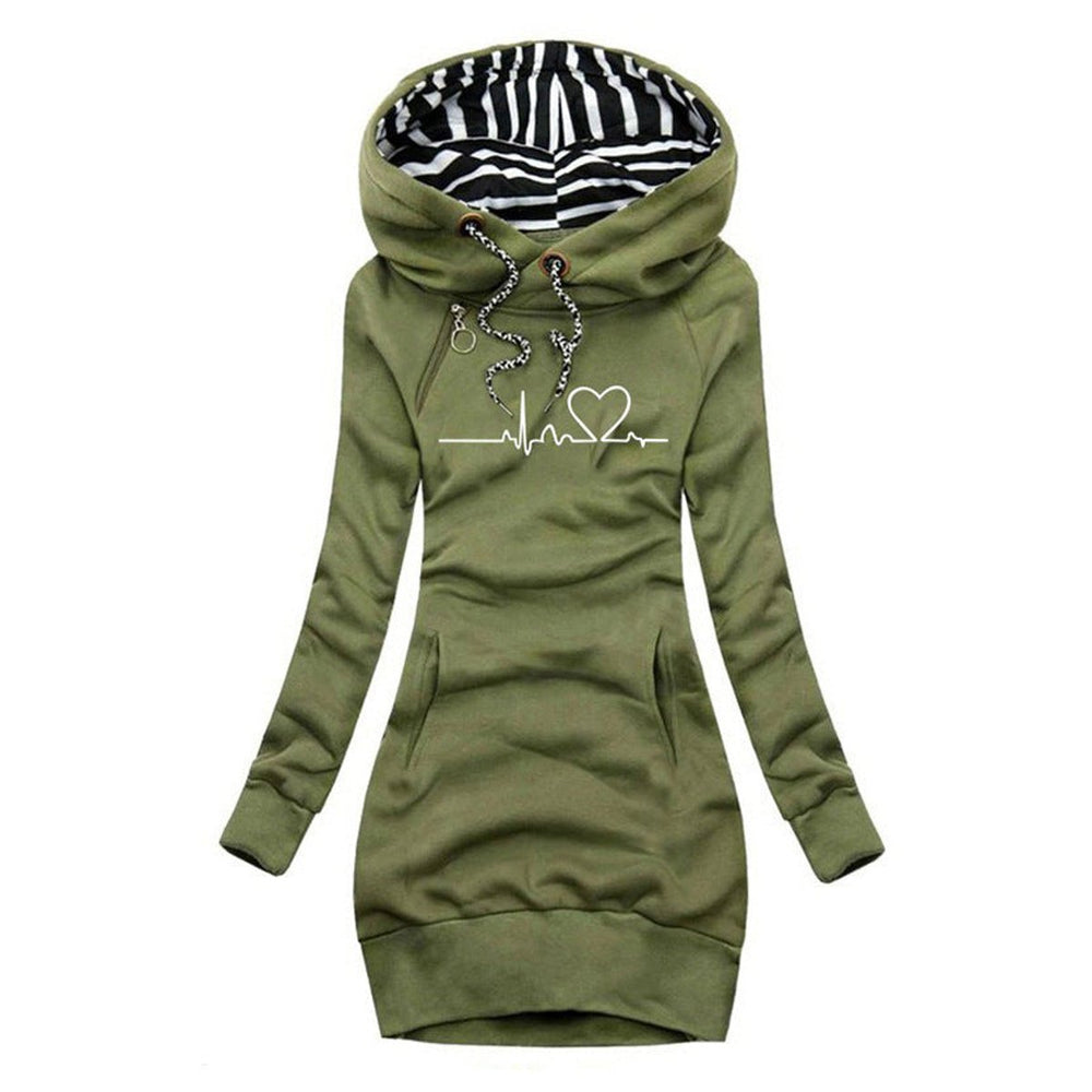 Women's Heartbeat Print Hooded Long Sleeve Dress Sweater - Green