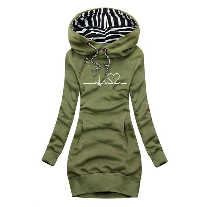 Women's Heartbeat Print Hooded Long Sleeve Dress Sweater - Green