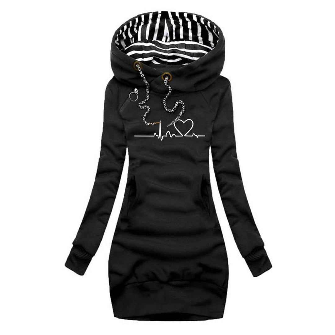 Women's Heartbeat Print Hooded Long Sleeve Dress Sweater - Black