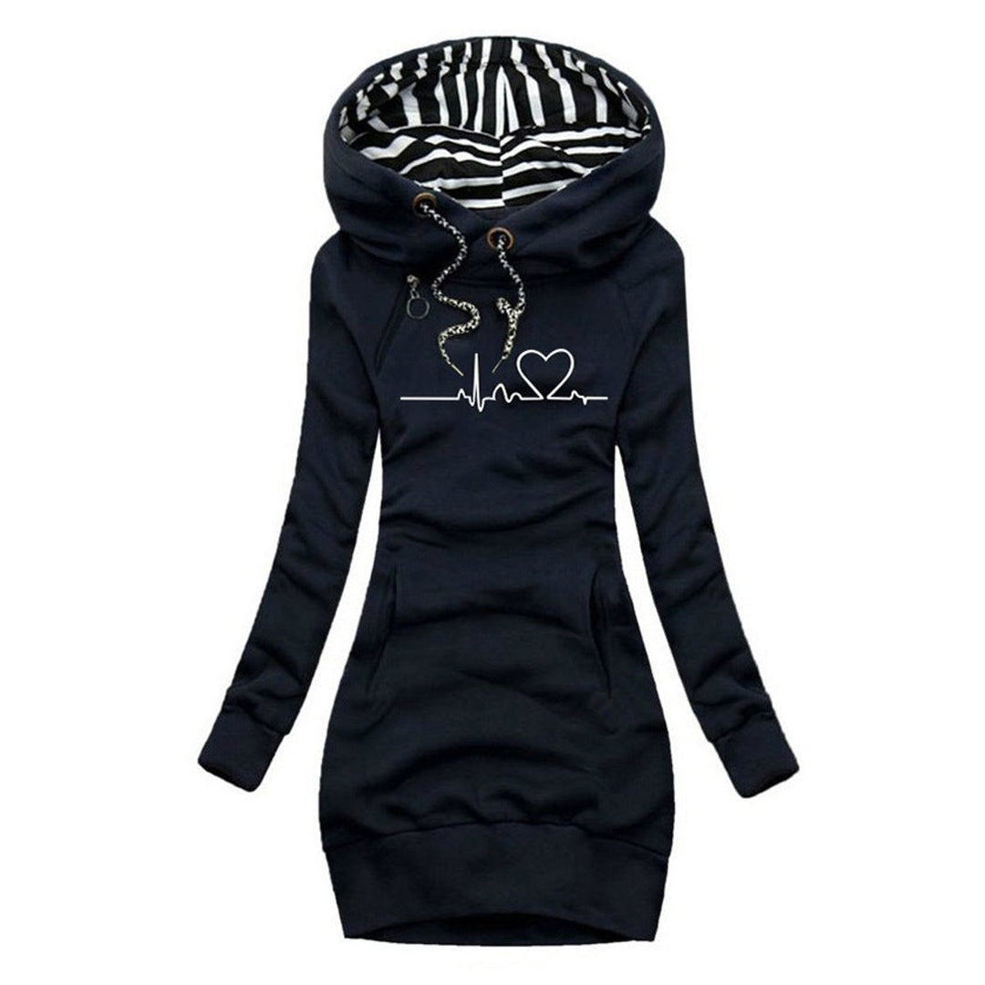 Women's Heartbeat Print Hooded Long Sleeve Dress Sweater - Blue