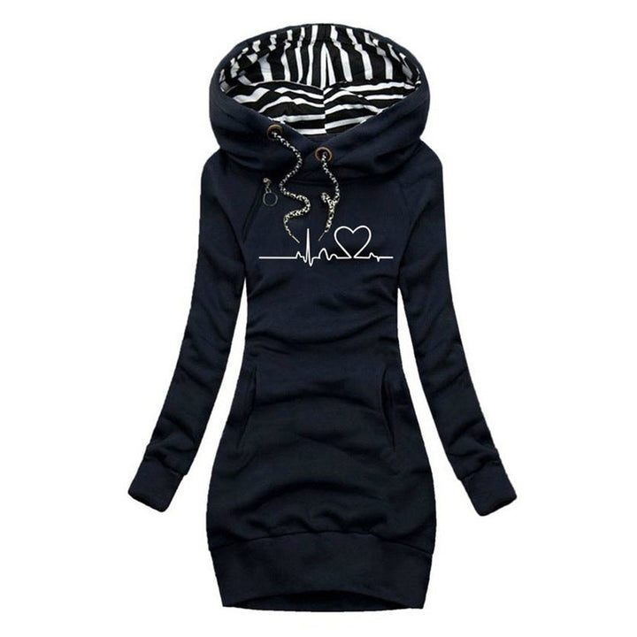 Women's Heartbeat Print Hooded Long Sleeve Dress Sweater - Blue