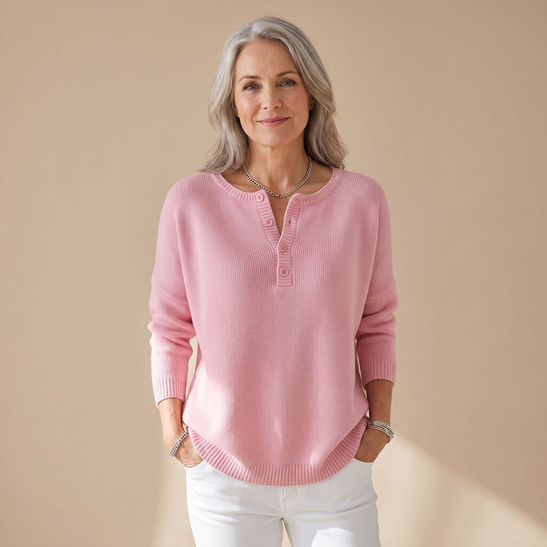 Women's Henley-Neck Knit Pullover Sweater - Pink