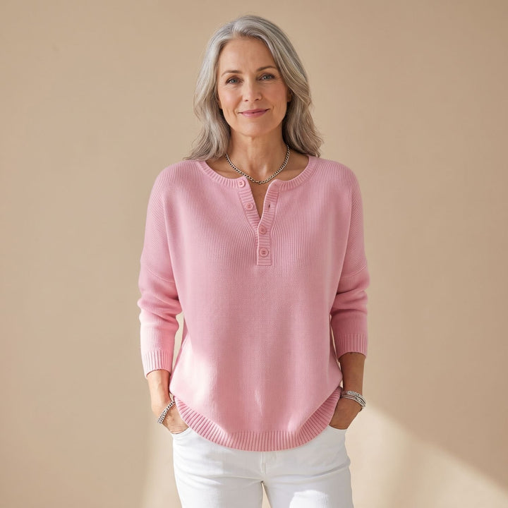 Women's Henley-Neck Knit Pullover Sweater - Pink
