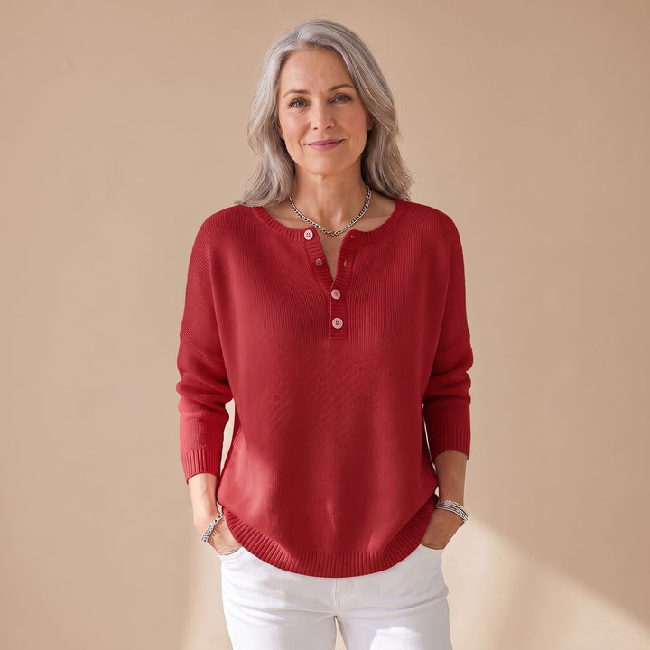 Women's Henley-Neck Knit Pullover Sweater - Red