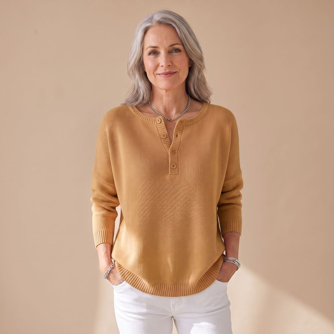 Women's Henley-Neck Knit Pullover Sweater - Khaki