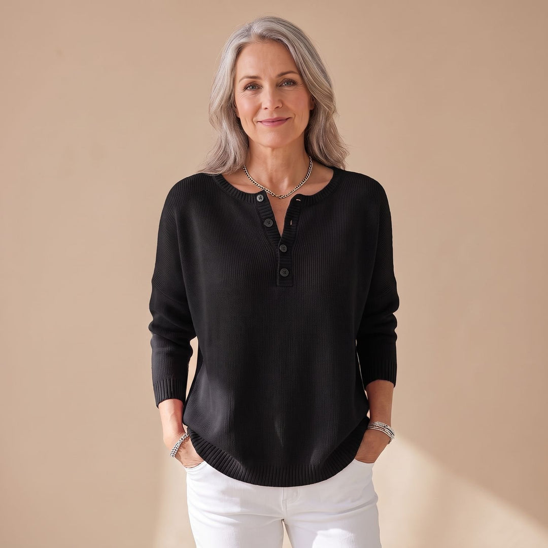 Women's Henley-Neck Knit Pullover Sweater - Black
