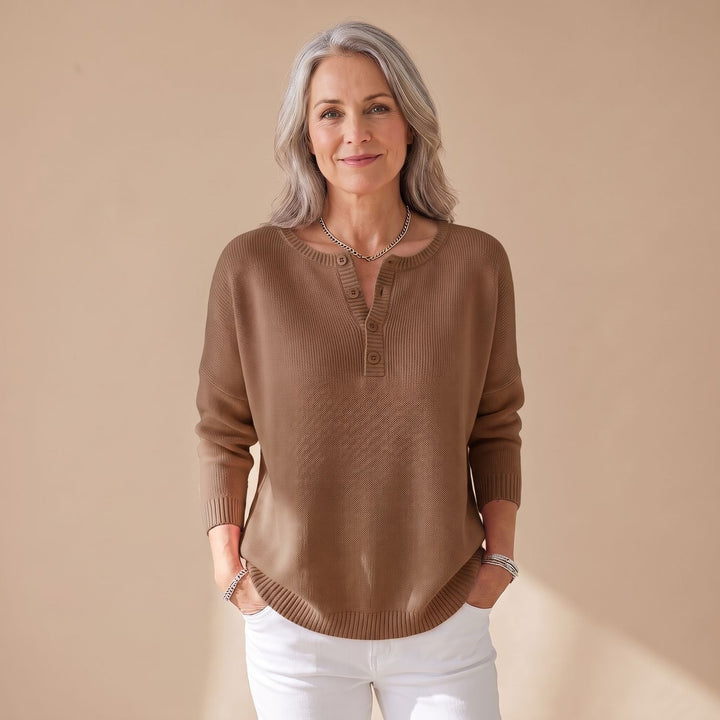 Women's Henley-Neck Knit Pullover Sweater - Brown