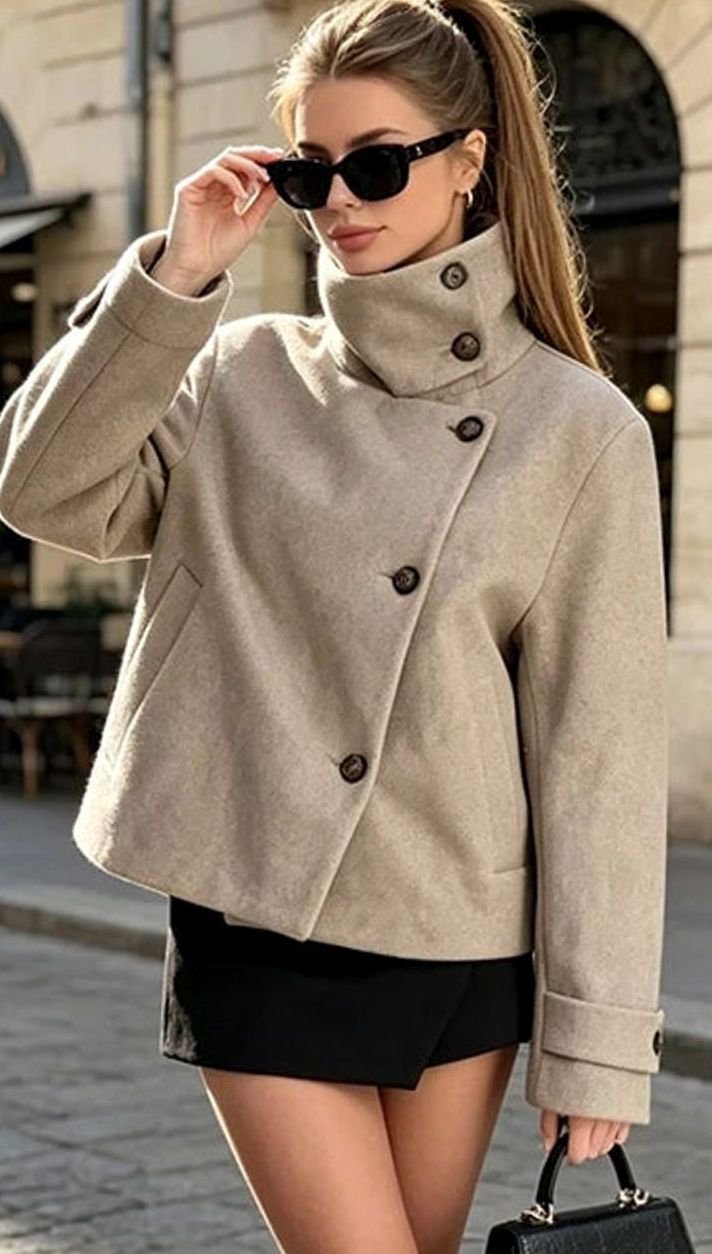 Women's High-Neck Stand Collar Wool Blend Cropped Coat