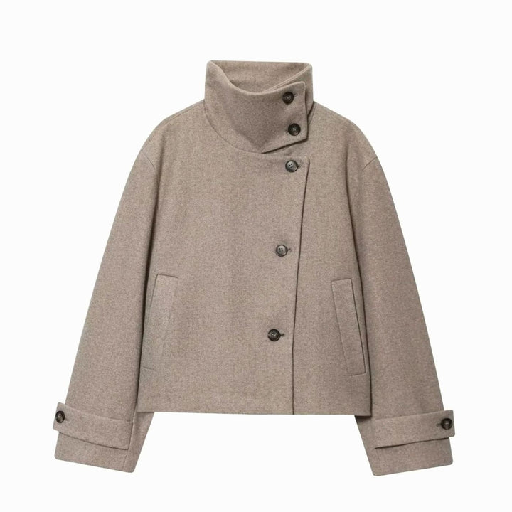 Women's High-Neck Stand Collar Wool Blend Cropped Coat - Beige