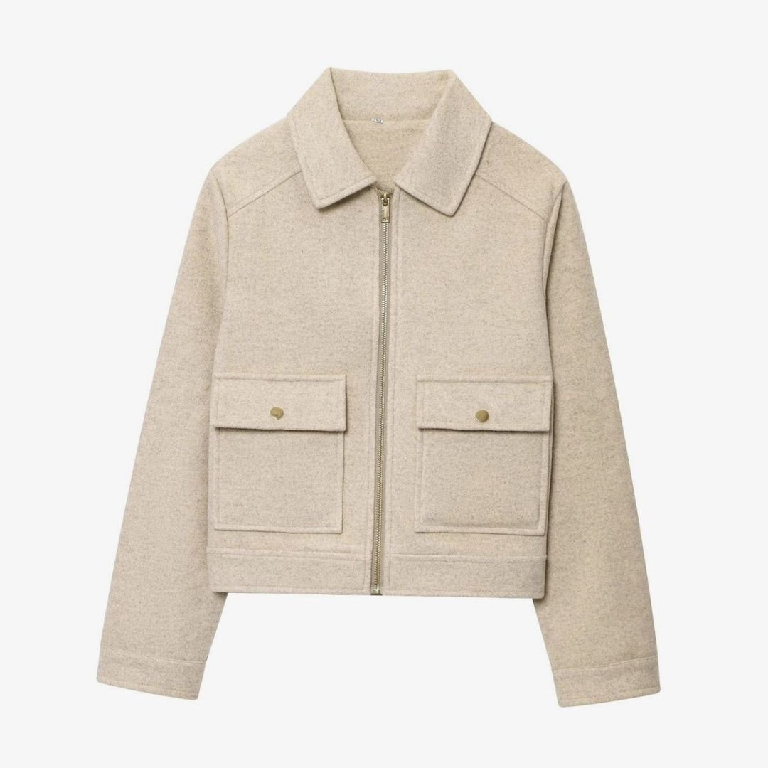 Women's High-Neck Stand Collar Wool Blend Cropped Coat - Khaki