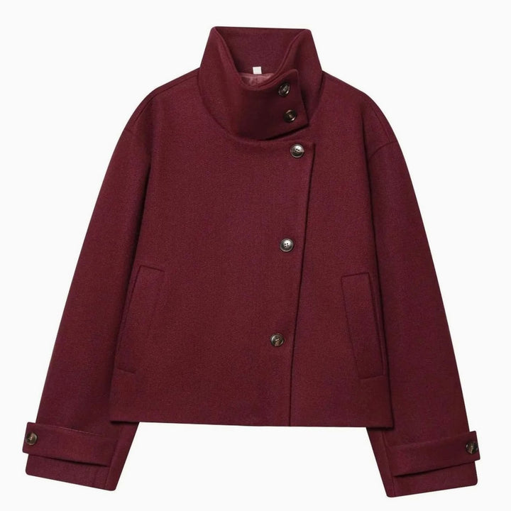 Women's High-Neck Stand Collar Wool Blend Cropped Coat - Red