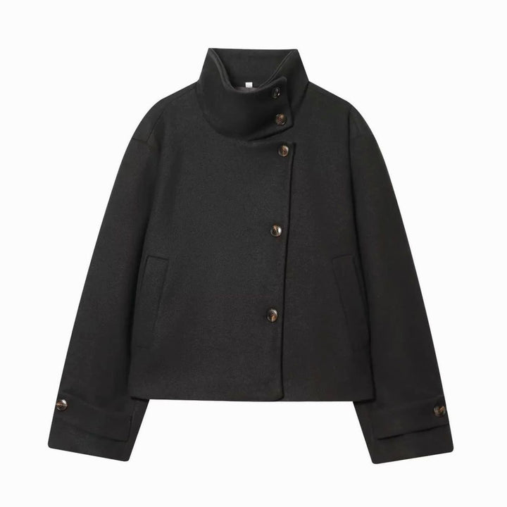 Women's High-Neck Stand Collar Wool Blend Cropped Coat - Black
