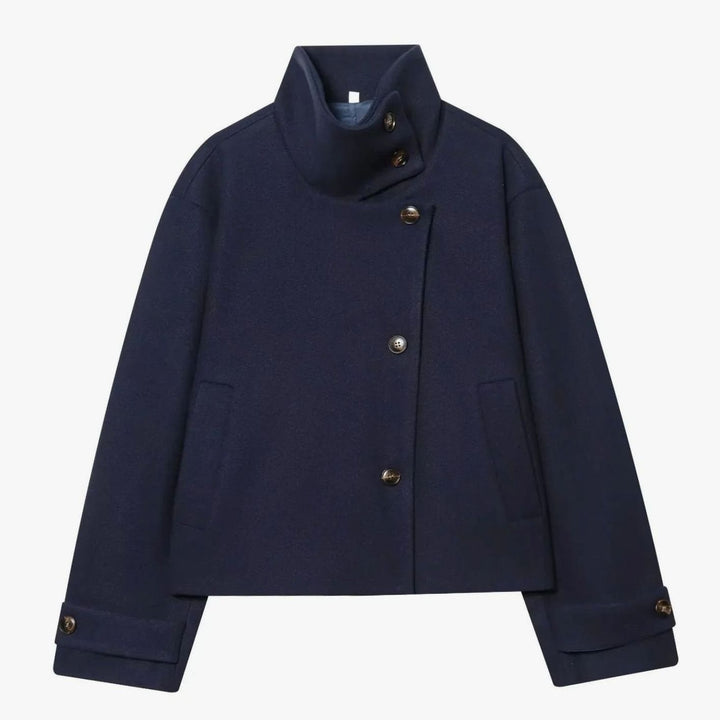 Women's High-Neck Stand Collar Wool Blend Cropped Coat - Dark Blue