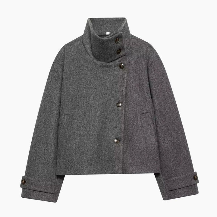 Women's High-Neck Stand Collar Wool Blend Cropped Coat - Gray