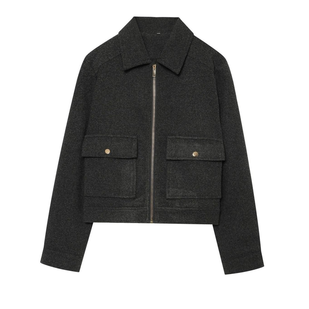 Women's High-Neck Stand Collar Wool Blend Cropped Coat - Gray Black
