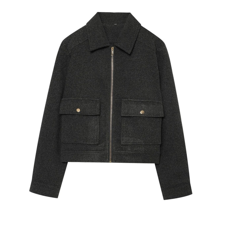 Women's High-Neck Stand Collar Wool Blend Cropped Coat - Gray Black