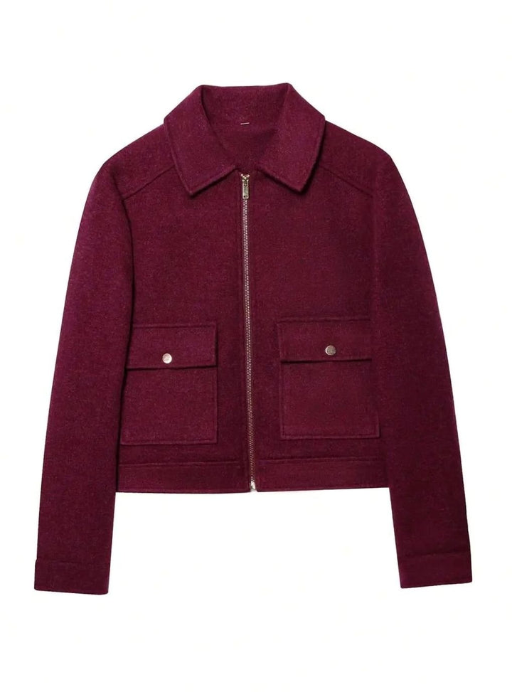 Women's High-Neck Stand Collar Wool Blend Cropped Coat - Burgundy