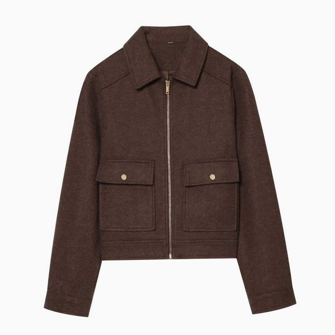Women's High-Neck Stand Collar Wool Blend Cropped Coat - Brown
