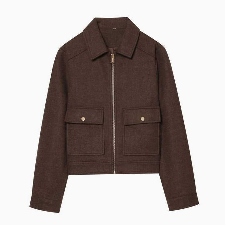 Women's High-Neck Stand Collar Wool Blend Cropped Coat - Brown
