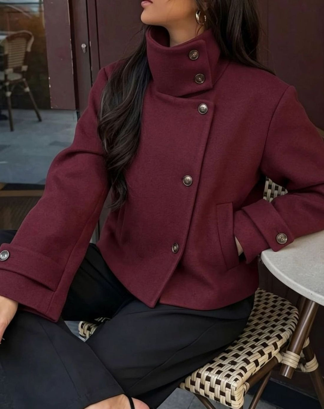 Women's High-Neck Stand Collar Wool Blend Cropped Coat