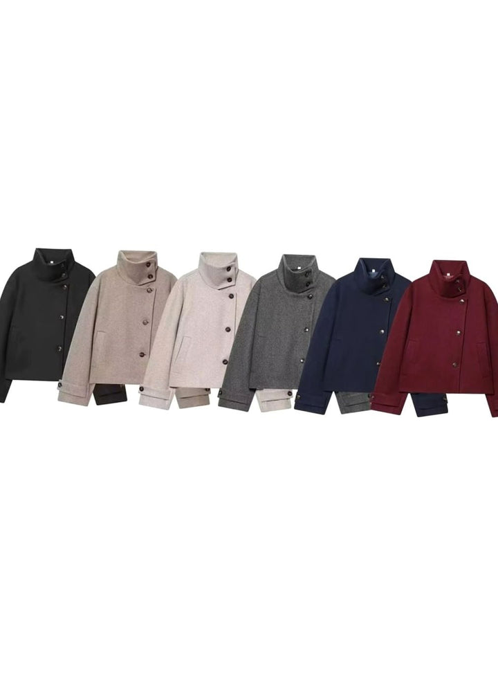 Women's High-Neck Stand Collar Wool Blend Cropped Coat