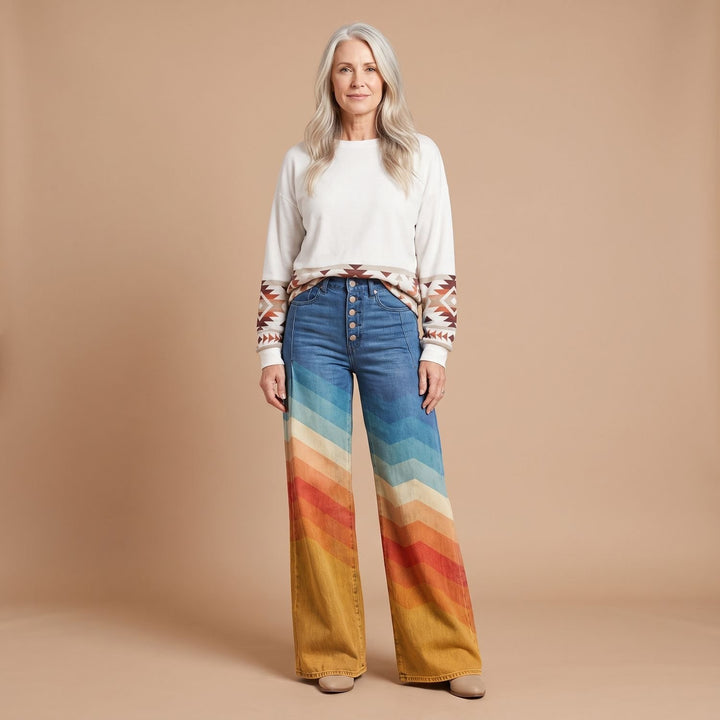 Women's High-Rise Chevron Print Patterned Wide Leg Pants - Sunset Chevron