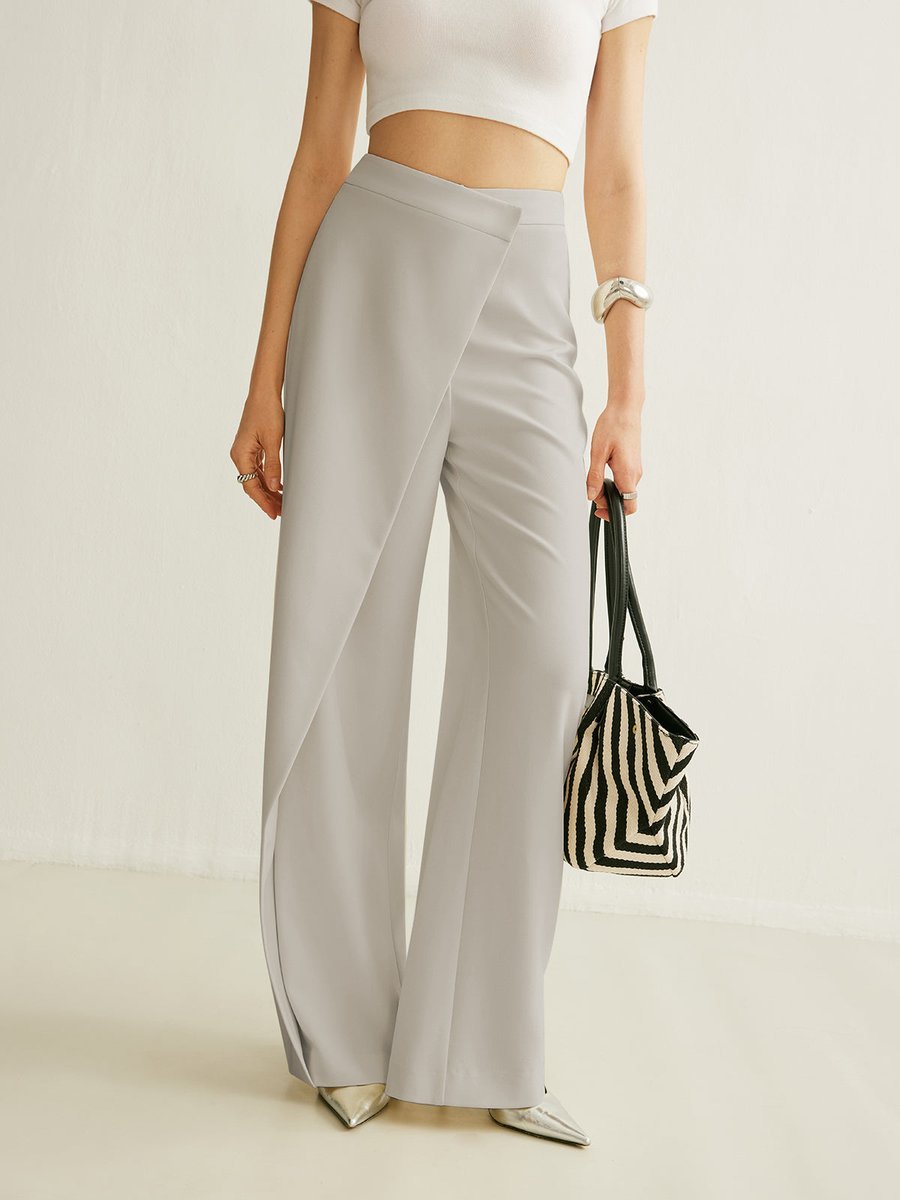 Women's High-Waist Asymmetric Wrap Wide Leg Pants - Gray