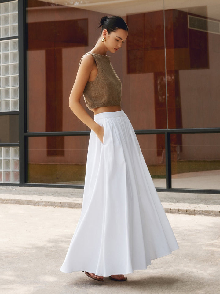 Women's High Waist Pleated A-Line Maxi Skirt with Pockets - White