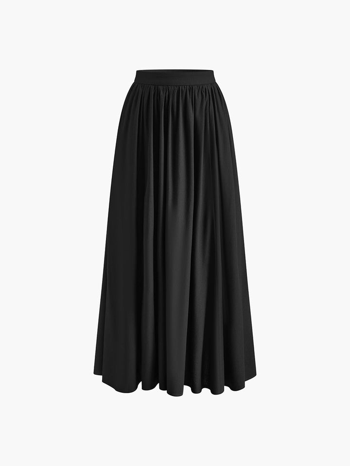 Women's High Waist Pleated A-Line Maxi Skirt with Pockets