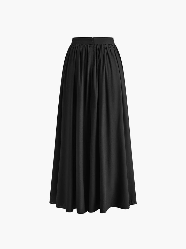 Women's High Waist Pleated A-Line Maxi Skirt with Pockets