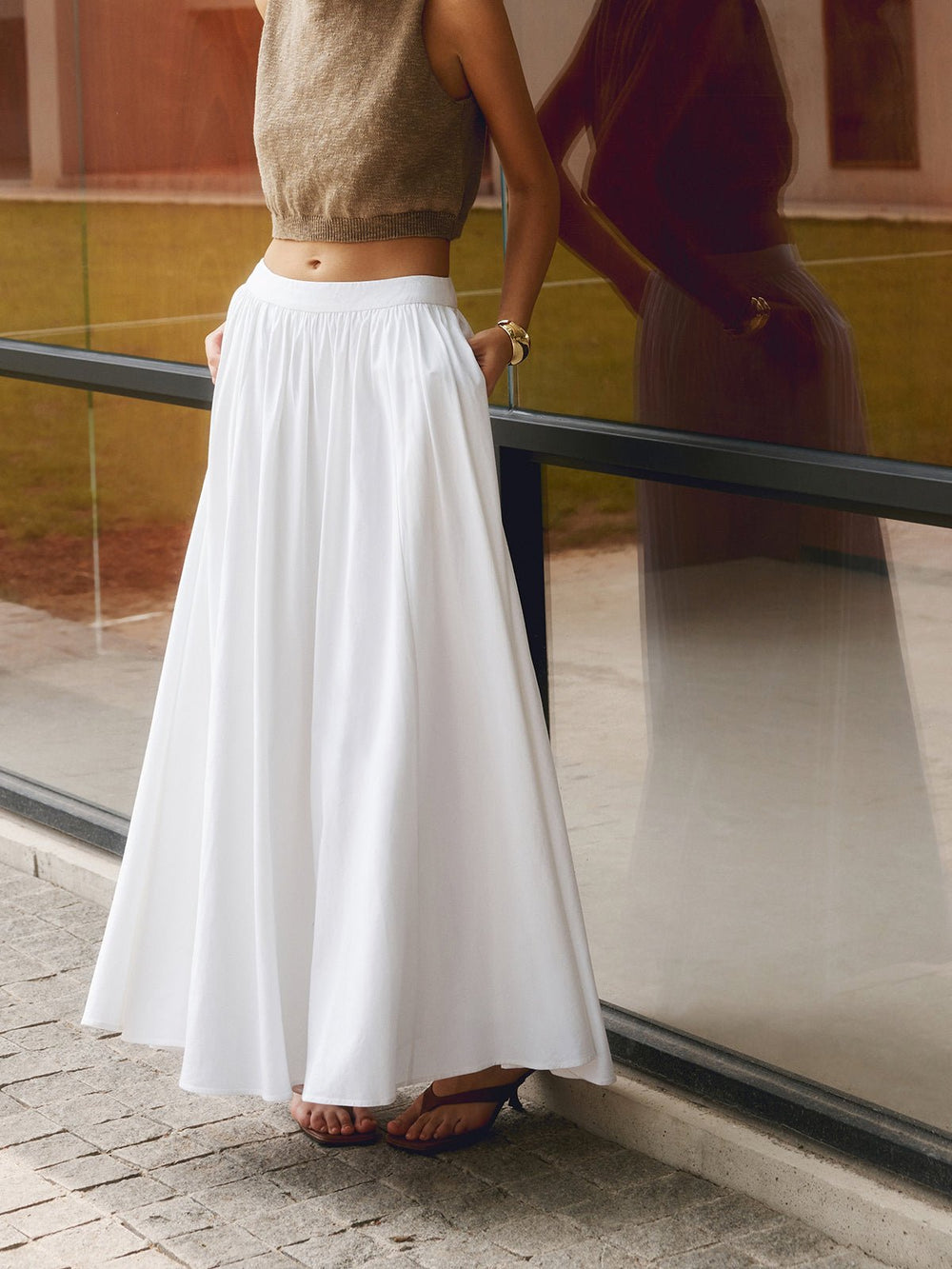 Women's High Waist Pleated A-Line Maxi Skirt with Pockets
