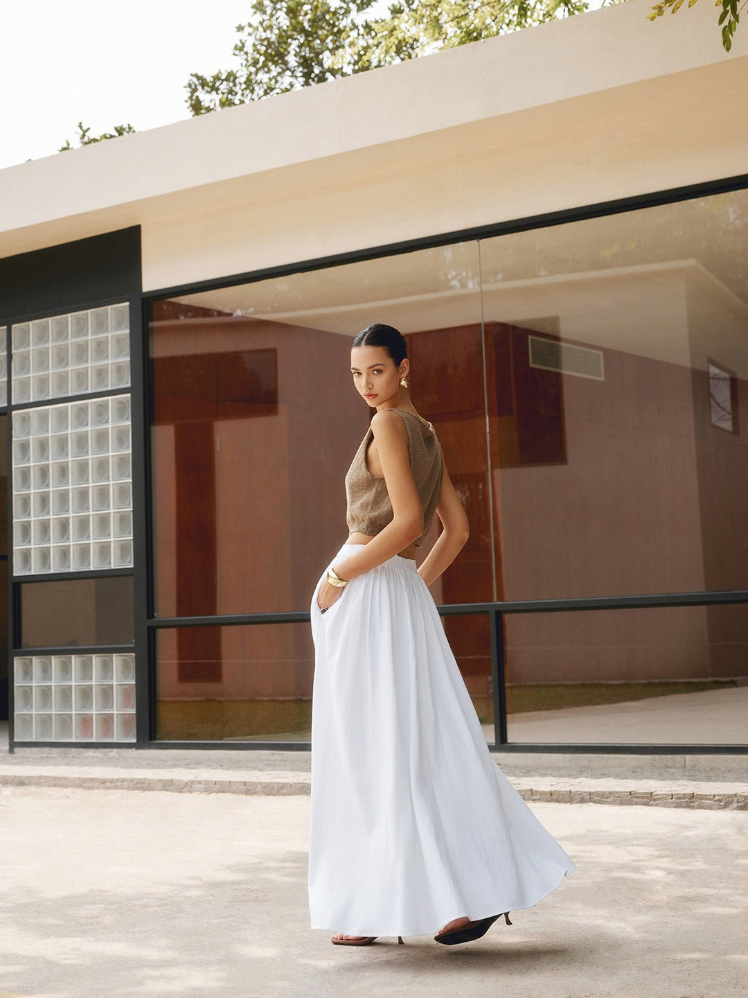 Women's High Waist Pleated A-Line Maxi Skirt with Pockets